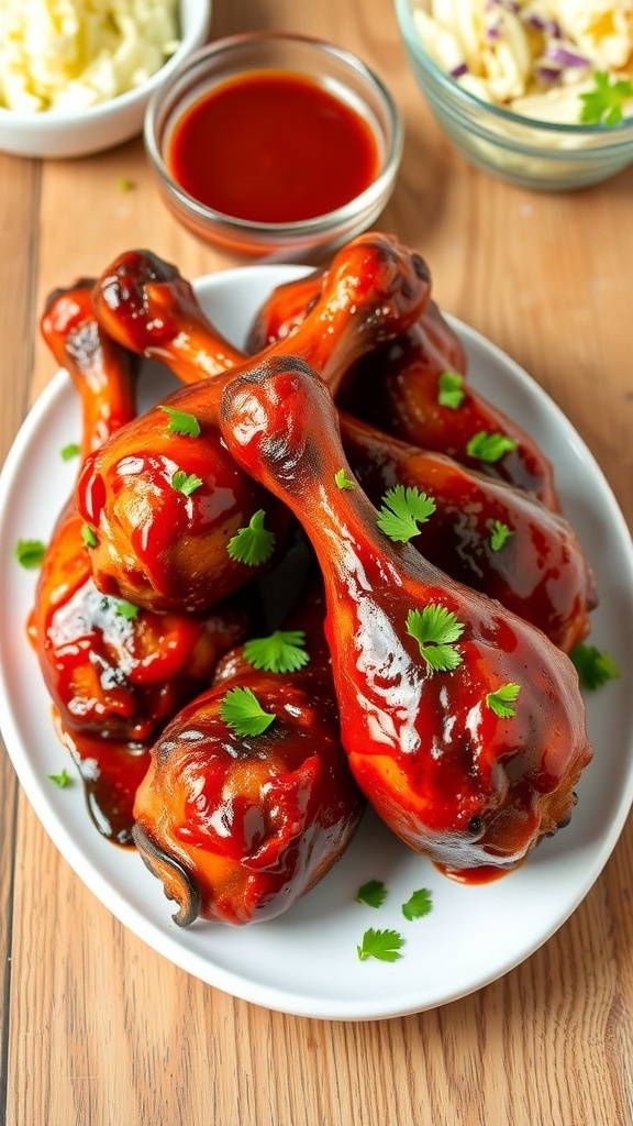 BBQ drumsticks on a plate, garnished with parsley, served with coleslaw and BBQ sauce.